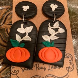Black Dangles with Orange Pumpkin. Lightweight polymer clay. Fall/Halloween